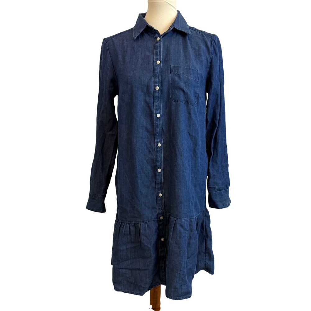 NWT LOFT Chambray Denim Shirt Dress Button Front Tiered‎ Ruffle Hem Size S